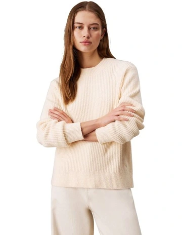 Boucle Rib Crew Neck Relaxed Sweater in Cream