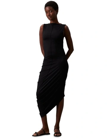 Circular Cut Tank Midi Dress in Black