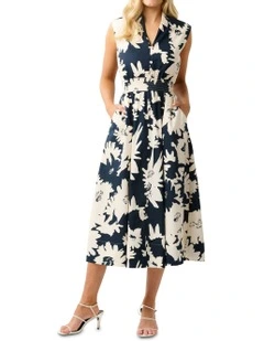 Marge Dress in Cream/Indigo Blue