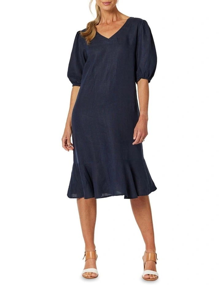 Flute Hem Linen Dress in Navy image 1