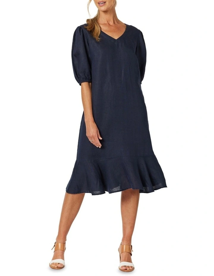 Flute Hem Linen Dress in Navy image 2