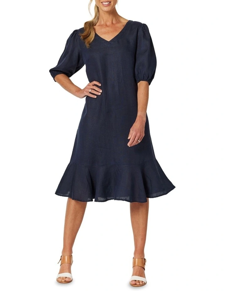 Flute Hem Linen Dress in Navy image 3