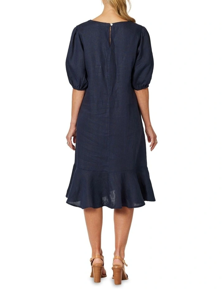 Flute Hem Linen Dress in Navy image 4