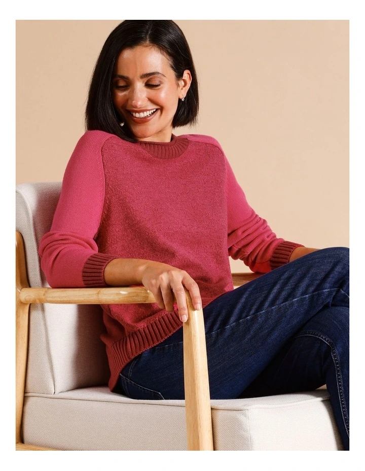 Organic Cotton Blend Colour Blocked Twist Jumper With Raglan Sleeve In Berry/ Hot Pink image 1