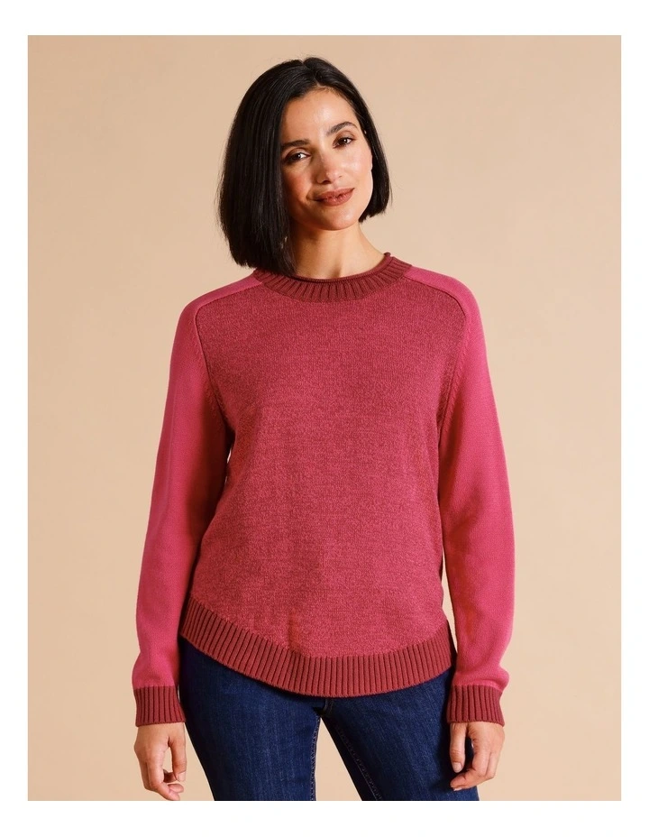 Organic Cotton Blend Colour Blocked Twist Jumper With Raglan Sleeve In Berry/ Hot Pink image 2