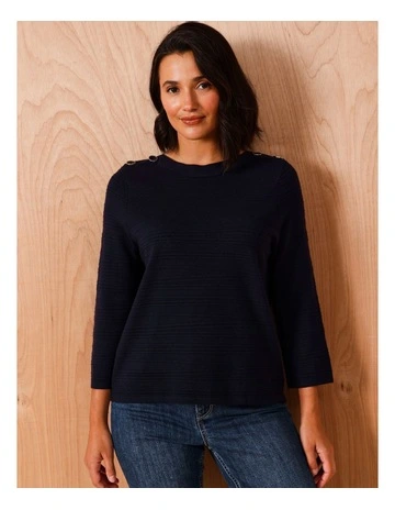 3/4 Sleeve Boatneck Jumper With Button Shoulders in Navy