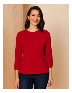 Ecovero 3/4 Sleeve Boatneck Jumper With Button Shoulders In Ruby