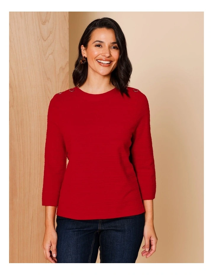 Ecovero 3/4 Sleeve Boatneck Jumper With Button Shoulders In Ruby image 1