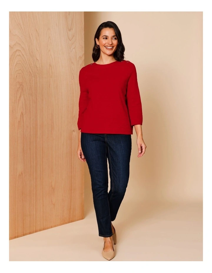Ecovero 3/4 Sleeve Boatneck Jumper With Button Shoulders In Ruby image 3