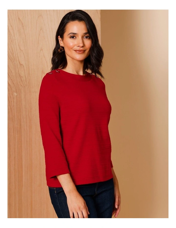 Ecovero 3/4 Sleeve Boatneck Jumper With Button Shoulders In Ruby image 4