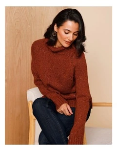 Roll Neck Jumper With Hi/Lo Hem in Burnt Orange