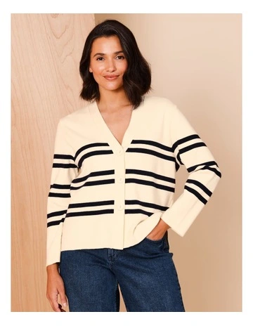 V Neck Button Front Cardigan in Ivory/Navy Stripe