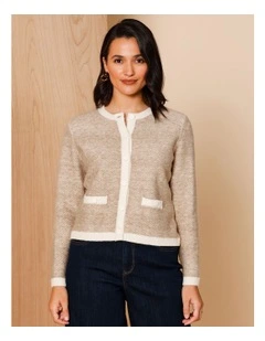 Jacquard Cardigan With Contrasts in Neutral/Ivory