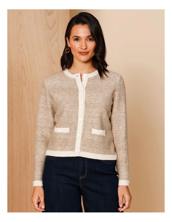 Jacquard Cardigan With Contrasts in Neutral/Ivory image 1