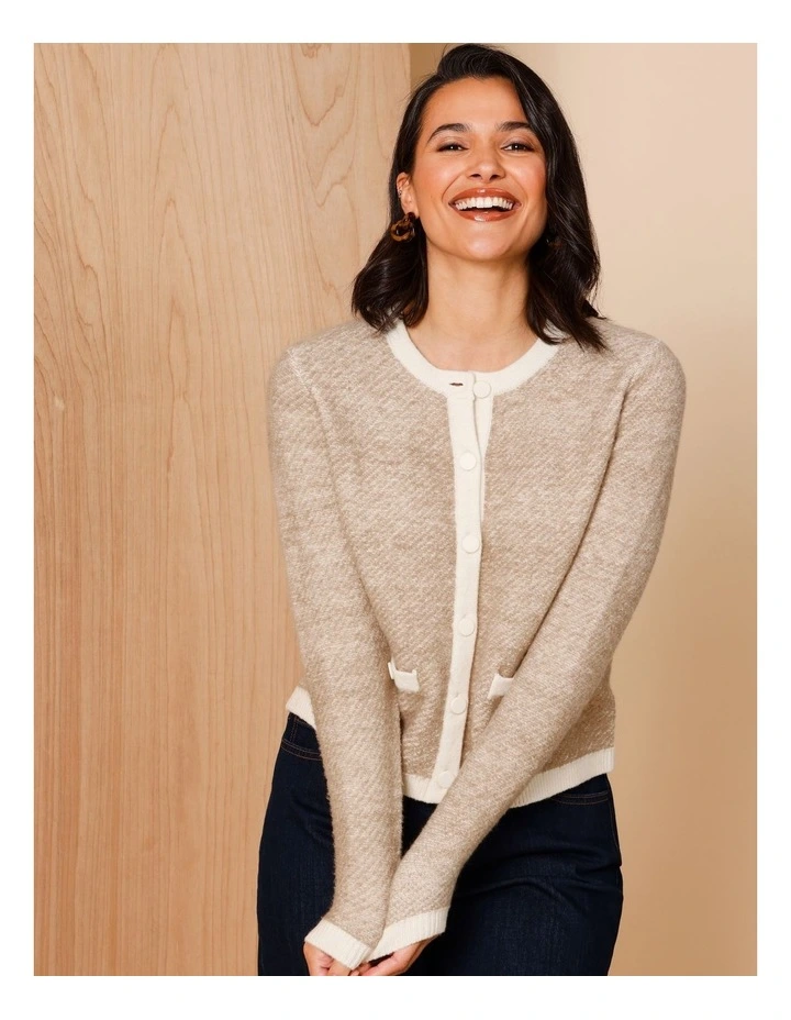 Jacquard Cardigan With Contrasts in Neutral/Ivory image 3
