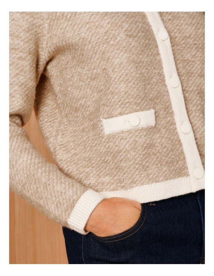 Jacquard Cardigan With Contrasts in Neutral/Ivory image 4