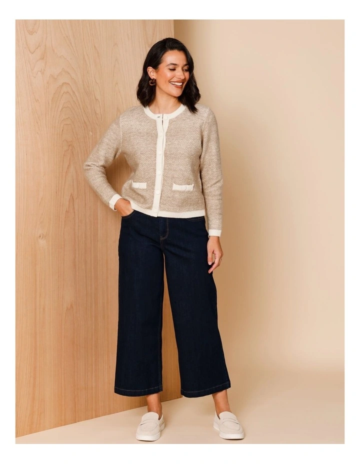 Jacquard Cardigan With Contrasts in Neutral/Ivory image 5