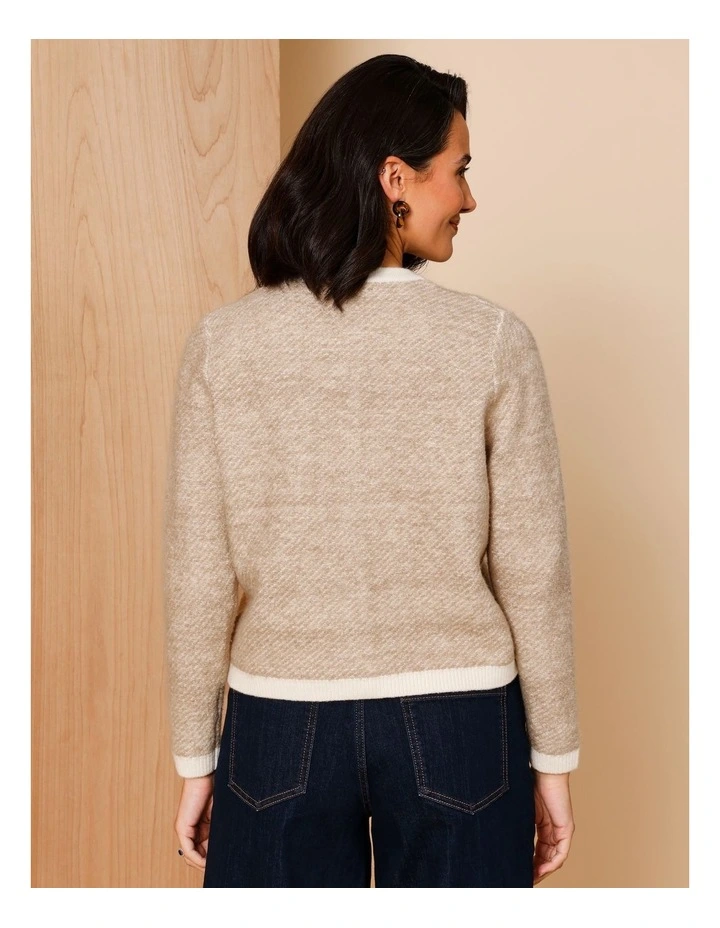 Jacquard Cardigan With Contrasts in Neutral/Ivory image 6