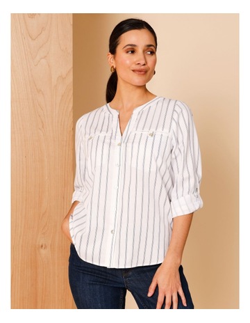 Organic Cotton Blend Collarless Shirt With Welt Pockets In Navy/Ivory Stripe