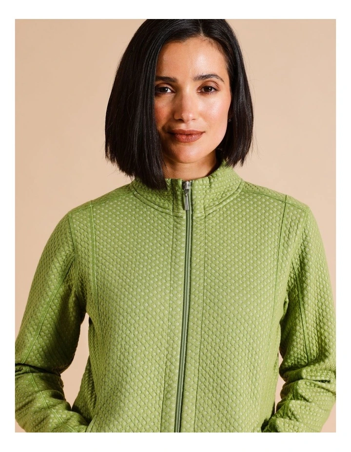 Recycled Polyester Blend Zip Thru Honeycomb Jacquard Sweat Top In Avocado image 2