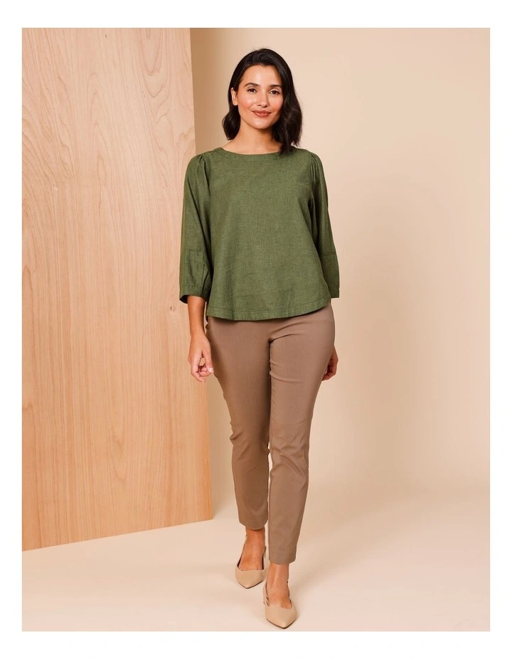 3/4 Lantern Sleeve Top With Button Back in Olive image 1