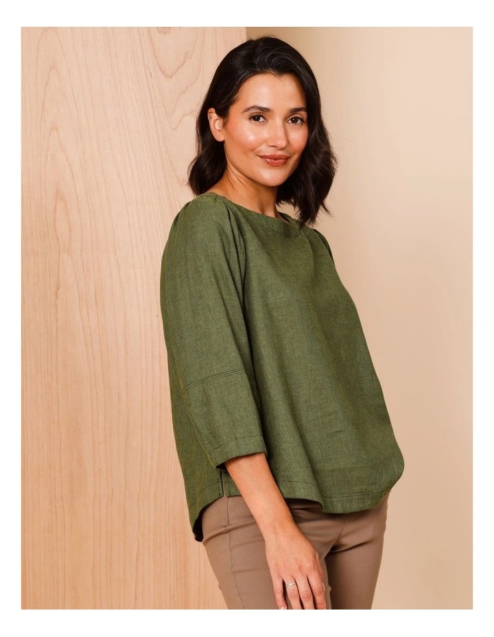 3/4 Lantern Sleeve Top With Button Back in Olive image 2