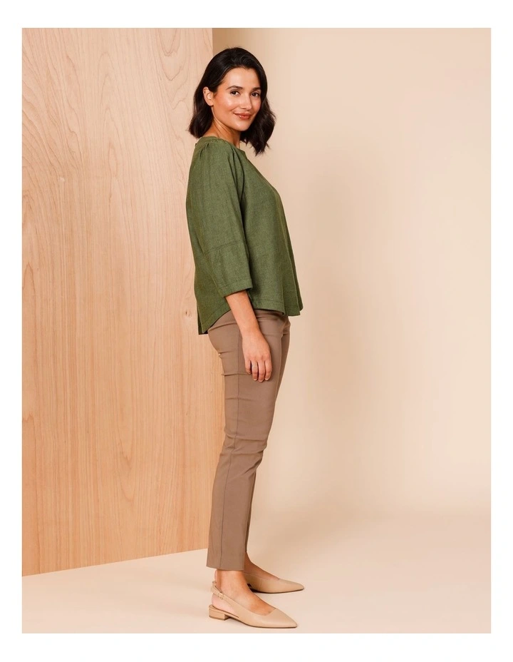 3/4 Lantern Sleeve Top With Button Back in Olive image 3
