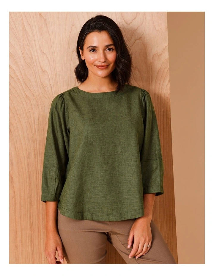 3/4 Lantern Sleeve Top With Button Back in Olive image 4