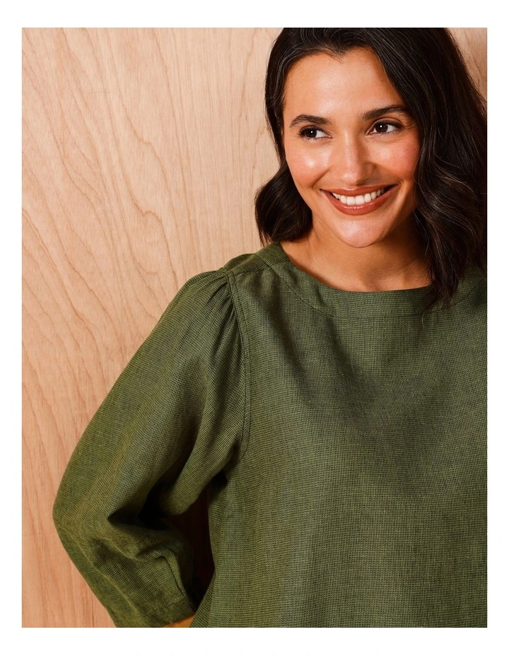 3/4 Lantern Sleeve Top With Button Back in Olive image 5