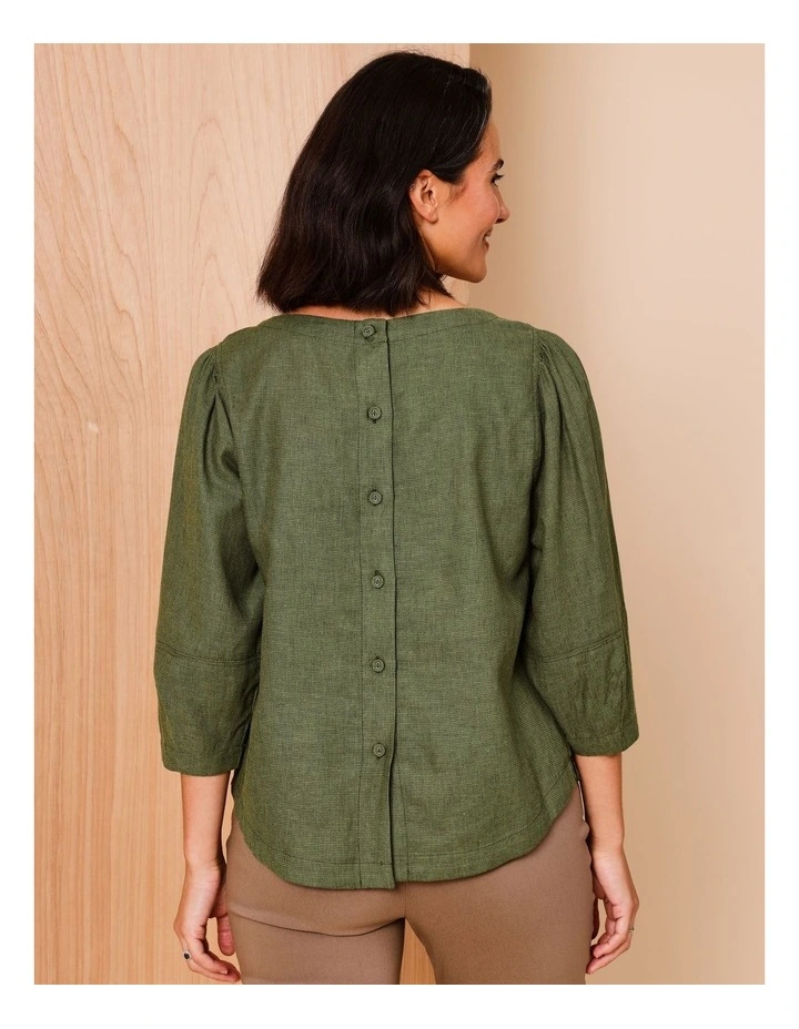 3/4 Lantern Sleeve Top With Button Back in Olive image 7
