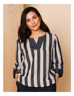 V Neck 3/4 Sleeve Top With Contrast Neck & Cuff in Navy/Neutral Vertical Stripe