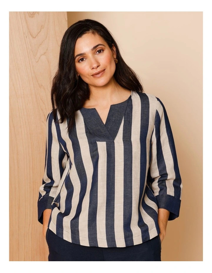 V Neck 3/4 Sleeve Top With Contrast Neck & Cuff in Navy/Neutral Vertical Stripe image 1
