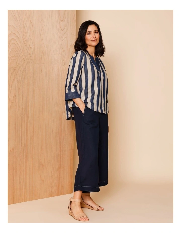 V Neck 3/4 Sleeve Top With Contrast Neck & Cuff in Navy/Neutral Vertical Stripe image 2