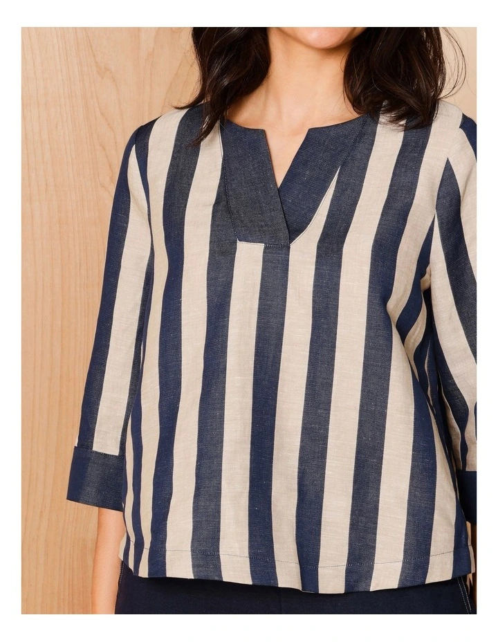 V Neck 3/4 Sleeve Top With Contrast Neck & Cuff in Navy/Neutral Vertical Stripe image 3