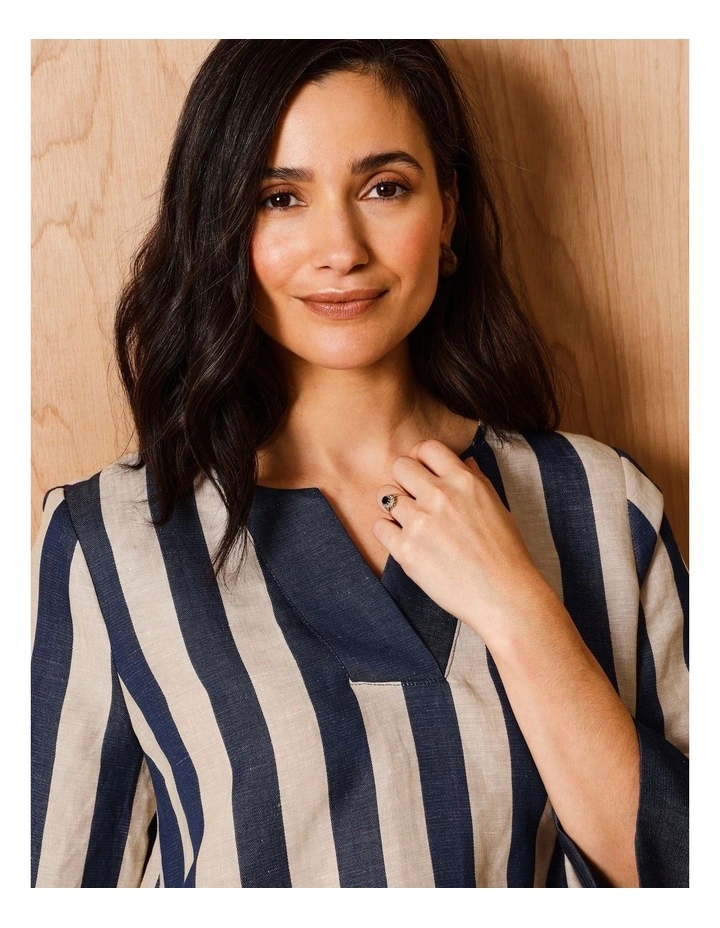 V Neck 3/4 Sleeve Top With Contrast Neck & Cuff in Navy/Neutral Vertical Stripe image 4