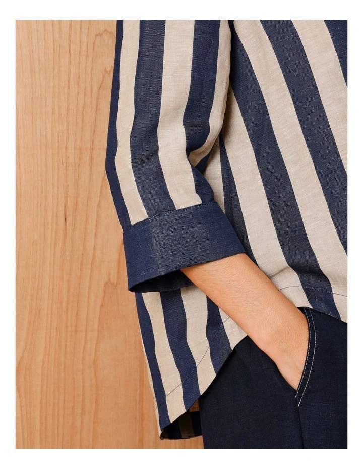 V Neck 3/4 Sleeve Top With Contrast Neck & Cuff in Navy/Neutral Vertical Stripe image 5
