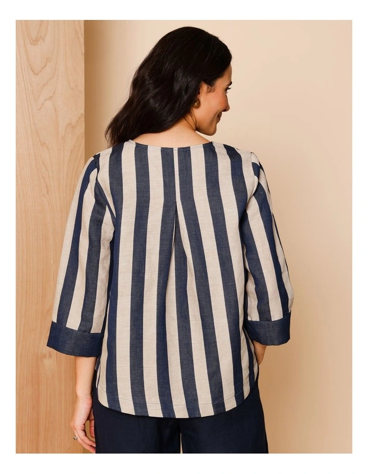 V Neck 3/4 Sleeve Top With Contrast Neck & Cuff in Navy/Neutral Vertical Stripe image 6