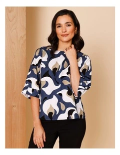 3/4 Tab Sleeve Top With Side Splits In Navy/Neutral/Ivory Oversized Abstract Floral