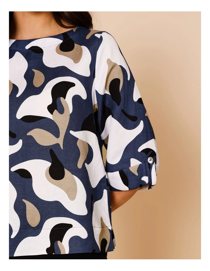 3/4 Tab Sleeve Top With Side Splits In Navy/Neutral/Ivory Oversized Abstract Floral image 2