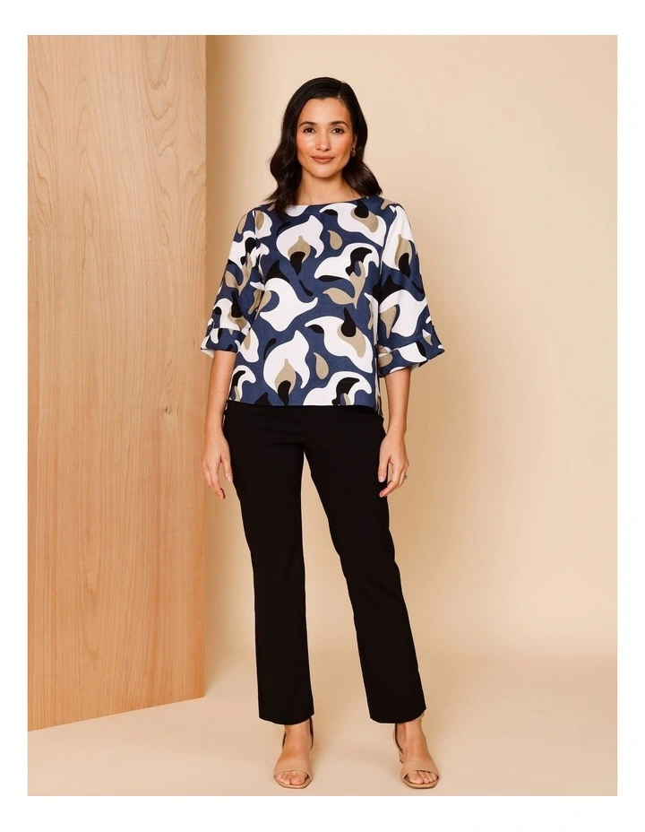 3/4 Tab Sleeve Top With Side Splits In Navy/Neutral/Ivory Oversized Abstract Floral image 3