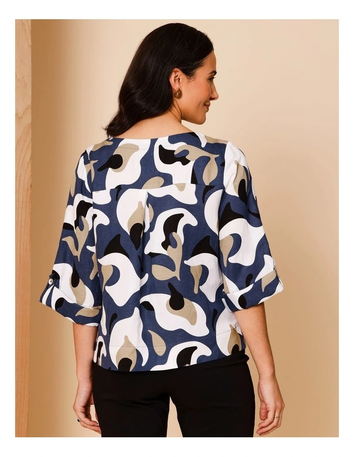 3/4 Tab Sleeve Top With Side Splits In Navy/Neutral/Ivory Oversized Abstract Floral image 5