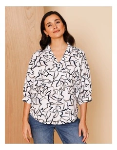 Shawl Collar 3/4 Sleeve Top In Ivory/Navy/Neutral Line Floral