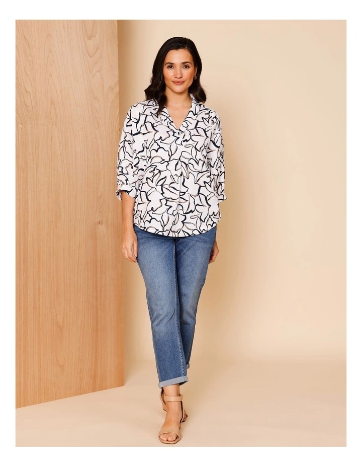 Shawl Collar 3/4 Sleeve Top In Ivory/Navy/Neutral Line Floral image 2