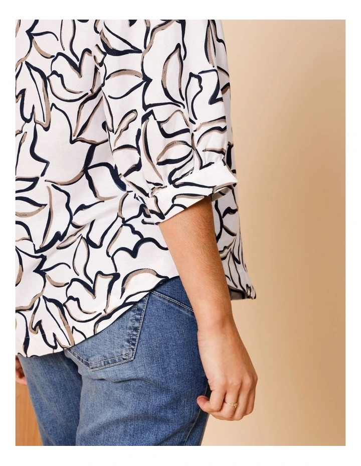 Shawl Collar 3/4 Sleeve Top In Ivory/Navy/Neutral Line Floral image 3