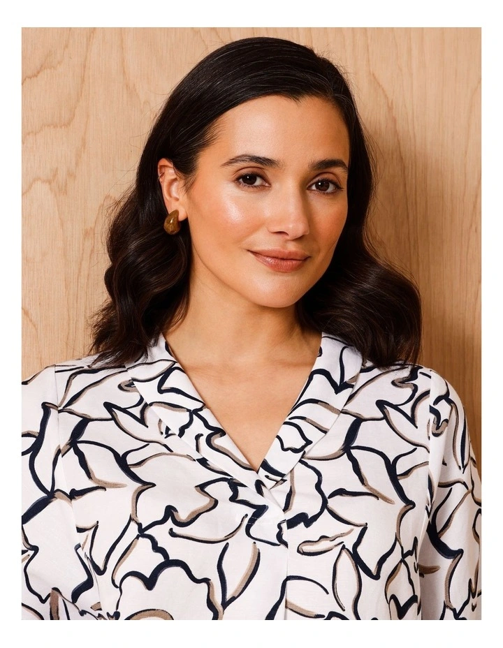 Shawl Collar 3/4 Sleeve Top In Ivory/Navy/Neutral Line Floral image 4
