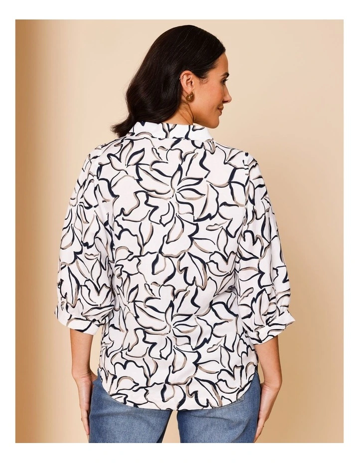 Shawl Collar 3/4 Sleeve Top In Ivory/Navy/Neutral Line Floral image 5