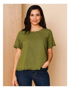 Short Frill Sleeve And Hem Top In Hedge