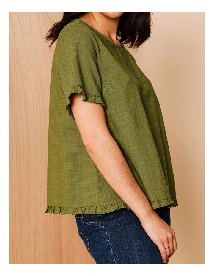 Short Frill Sleeve And Hem Top In Hedge image 3