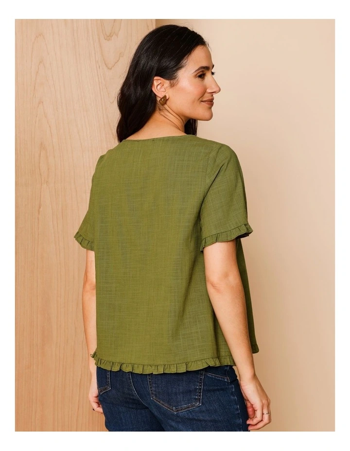 Short Frill Sleeve And Hem Top In Hedge image 5