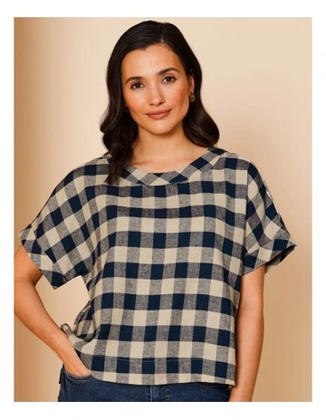 Extended Short Sleeve Gingham Top In Navy/Neutral